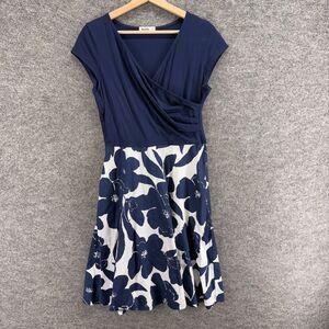 Yeslife Dress Women L Large Blue Floral Sheath Midi V-Neck Short Skeeve Cotton